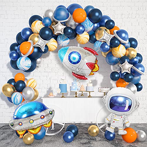 Ouddy Party 112PCS Outer Space Party Decorations Balloon Garland Kit, Space Birthday Party Supplies UFO Rocket Astronaut Navy Blue Silver Foil Latex Balloons for Boys Kids