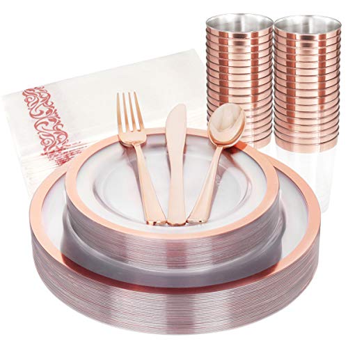 YOUBET 175Pieces Clear Plastic Plates with Rose Gold Rim&Rose Gold Plastic Silverware include 25Dinner Plates,25Salad Plates,25Forks, 25Knives,25Spoons, 25Cups,25Napkins