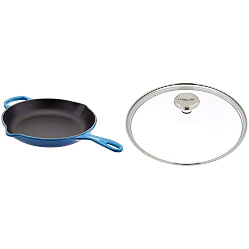 Le Creuset Enameled Cast Iron Signature Iron Handle Skillet, 10.25″ (1-3/4 qt.), Marseille & Signature Glass Lid with Stainless Steel Knob, 10″