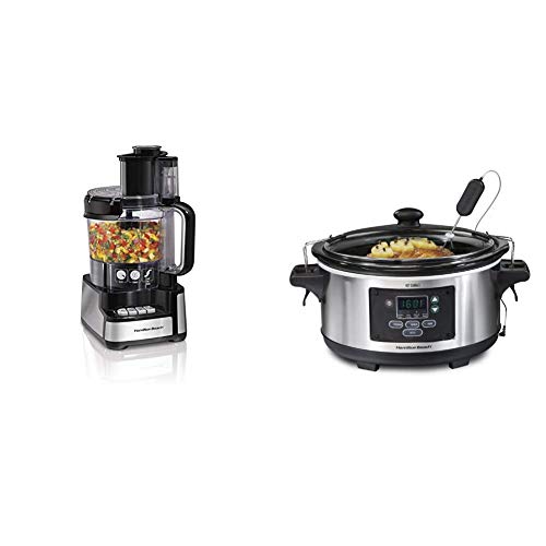 Hamilton Beach 12-Cup Stack & Snap Food Processor & Vegetable Chopper, Black & Portable 6-Quart Set & Forget Digital Programmable Slow Cooker With Temperature Probe, Lid Lock, Stainless Steel
