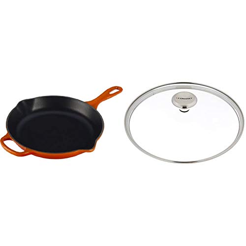 Le Creuset Enameled Cast Iron Signature Iron Handle Skillet, 10.25″ (1-3/4 qt.), Flame & Signature Glass Lid with Stainless Steel Knob, 10″