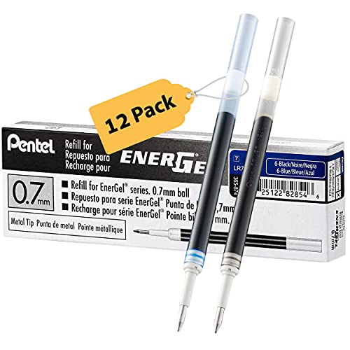 Pentel Energel 0.7 Refill Ink for BL57 & BL77 Pens, Box of 6 Black and 6 Blue (12 Total) 0.7mm, Metal Tip, LR7 Refill is Also Used for BL407 Pen