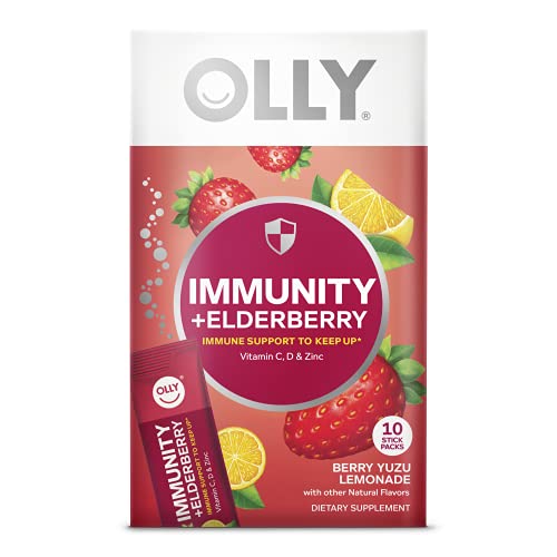 OLLY Immunity Powder, Daytime Immune Support, Elderberry, Vitamin C, D, Zinc, Fizzy Drink Mix, Berry Yuzu Lemonade – 10 Count