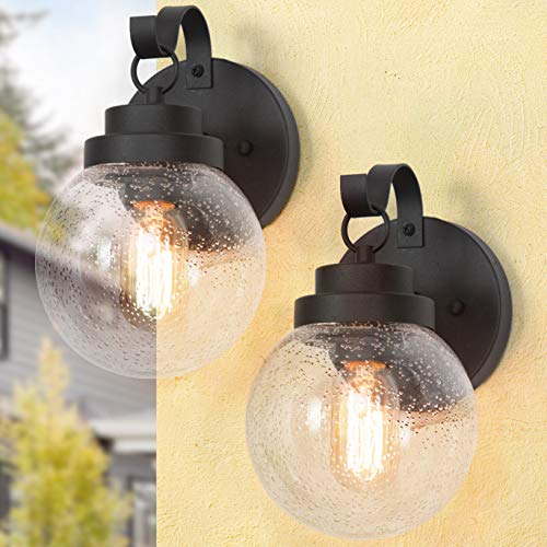 LALUZ Sphere Porch Light, Outside Lights for House with Seeded Glass Globe, Weather-Proof Outdoor Light Fixtures Wall Mount for Front Door, Garage, Yard, Patio, Textured Black Finish, 2 Pack
