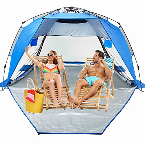 Easy Up Folding Beach Tent,Privacy Deluxe Sun Shelter for Family and Sports Events,SPF 50+,Large Ventilation Windows and Storage Pockets with Stakes