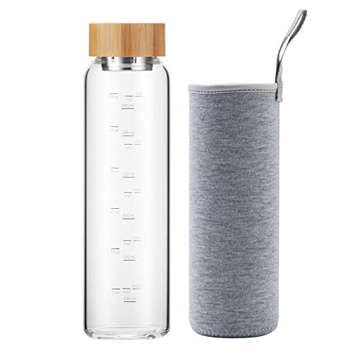 sunkey Glass Water Bottle 32 oz Wide Mouth with Sleeve Bamboo Lid 1 Litre Motivational Water Bottle With Time Marker Reusable Safe for Hot Cold Drinks Bpa Free (Gray)