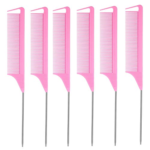 6 Packs Professional 9.1 Inch Rat Tail Comb – Pink Carbon Fiber And Stainless Steel Pintail – Chemical And Heat Resistant Teasing Comb For Hair Stylist- Lightweight Rat Tail Comb For All Hair Types