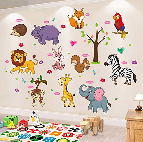 Animal Wall Sticker Cartoon Baby Children DIY Art Decal Self-Adhesive Wallpaper Mural Decorate for Living Room TV Sofa Background Bedroom Kids Room Nursery