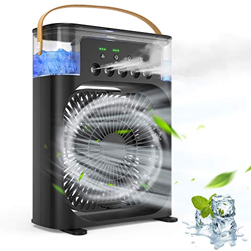 Portable Air Conditioner Fan,Mini Quiet USB Desk Fan，Evaporative Air Cooler with 3 Speeds Strong Wind, 3 Spray Modes,1/2/3 H Timer,60° Adjustment and 7 Colors LED Light for Office, Home, Dorm, Outdoor