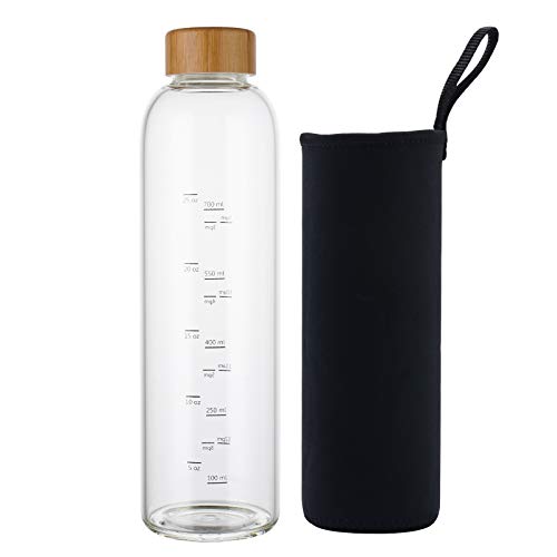 sunkey 32 oz Glass Water Bottle with Time Marker Bamboo Lid Neoprene Sleeve for to Go Travel Gym Home Reusable Eco Friendly Bpa Free (Black)