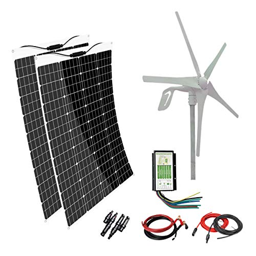 AUECOOR 640W Solar-Wind Kit 2 x 120W Flexible Monocrystalline Solar Panel+400W Wind Turbine Hybrid System for RV, Boat, Cabin, Trailer, Roofs, Off Grid System, 12V/24V Battery Charging