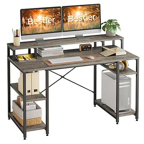 Bestier Computer Desk with Monitor Shelf, 55 inches Home Office Desk with Open Storage Shelves, Writing Gaming Study Table Workstation for Small Space, Gray