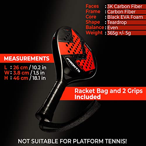 Padel Racket with Carry Bag – PRONTO Rufus – Improved Precision, Control and Power – 3K Carbon Fiber Faces, Carbon Fiber Frame and Black Soft EVA Core – 2 Extra Anti-Slip Grips Included | The Storepaperoomates Retail Market - Fast Affordable Shopping