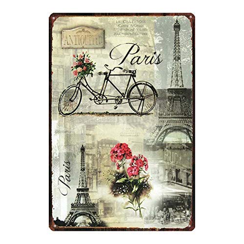 Retro Vintage Metal Plaque Sign Garden Beautiful Flowers Bicycle Bike Eiffel Tower in Paris Tin Sign for Home Bar Kitchen Pub Wall Decor Signs 12x8inch