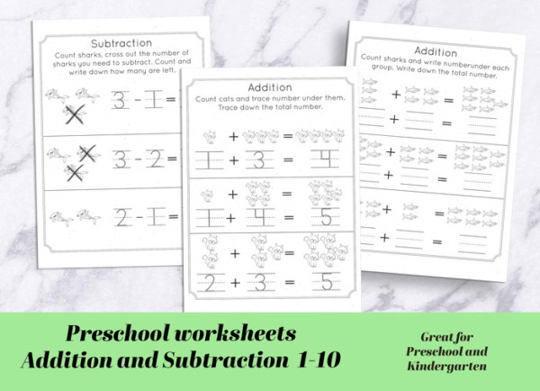 Preschool Addition and Subtraction worksheets 1-10 / Number activities for preschoolers printable/ pdf Pre-K /TODDLER MATHS WORKBOOK