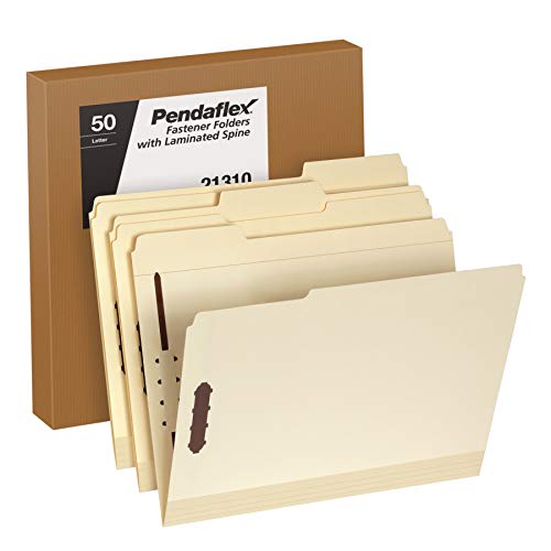 Pendalfex Fastener Folders, Poly Reinforced Spine, Reinforced Tabs, Letter Size, 8-1/2″ x 11″, 2 Embedded Fasteners, 1/3-Cut, Manila, 50/Box (21310)