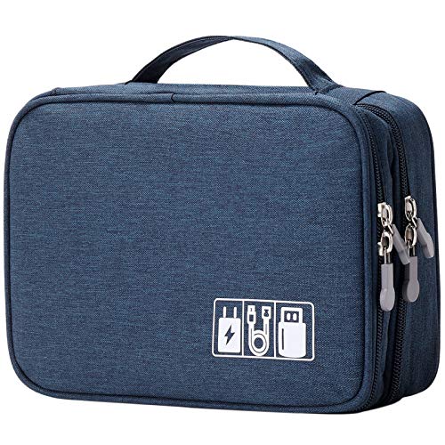 Travel Cable Organizer Bag, Electronic Accessories Case Portable Double Layer Cable Storage Bag for Cord,Phone,Charger, Flash Drive, Phone, SD Card,Personal Items – (Dark Blue)