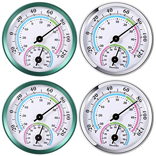 4 Pieces Indoor Outdoor Thermometer Hygrometer 2 in 1 Temperature Humidity Gauge Analog Hygrometer for Indoor Office Home Room Outdoor, No Battery Required, in Green and White