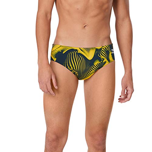 Speedo Men’s Standard Swimsuit Brief Endurance+ Printed Team Colors, Fusion Navy/Gold, 34
