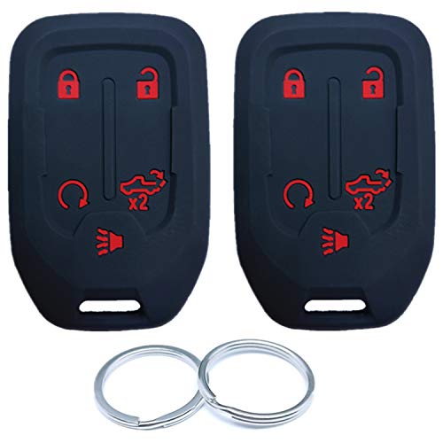 RUNZUIE 2Pcs Silicone Smart Key Fob Keyless Entry Remote Cover Shell Compatible with 2021 2020 2019 GMC Sierra 1500 2500HD 3500HD Chevy Silverado 1500 2500HD 3500HD Black with Red 5 Buttons