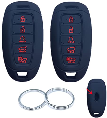 RUNZUIE 2Pcs 5 Buttons Silicone Smart Key Fob Remote Cover Case Shell Compatible with 2021 2020 2019 Hyundai Palisade Black with Red Button