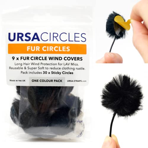 URSA Fur Circles – Mini Windshields for Lavalier/Lapel Microphones. Reduce Wind Noise & Clothing Rustle. Compatible with Sennheiser, RODE, Sanken, Tascam & More (9x Circles + 30x Stickies, Black)