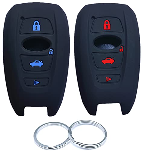 RUNZUIE 2Pcs 4 Buttons Silicone Smart Key Fob Remote Cover Compatible with 2014-2021 2022 Subaru Outback Legacy Impreza Forester XV Ascent Crosstrek Impreza BRZ WRX Sti Black with Red/Blue