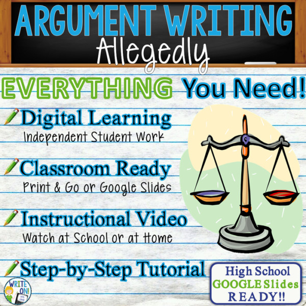 Text Dependent Analysis Argument Writing for Allegedly – Distance Learning, In Class, Independent Student Instruction, Instructional Video, PPT, Worksheets, Rubric, Graphic Organizer, Google Slides