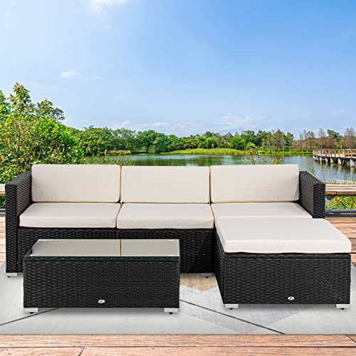 CharaVector Patio Furniture Set, Outdoor Sectional Rattan Sofa Wicker Conversation Couch Set 5 Pieces with Pillows&Coffee Table&Thick Cushions for Backyard Garden Poolside