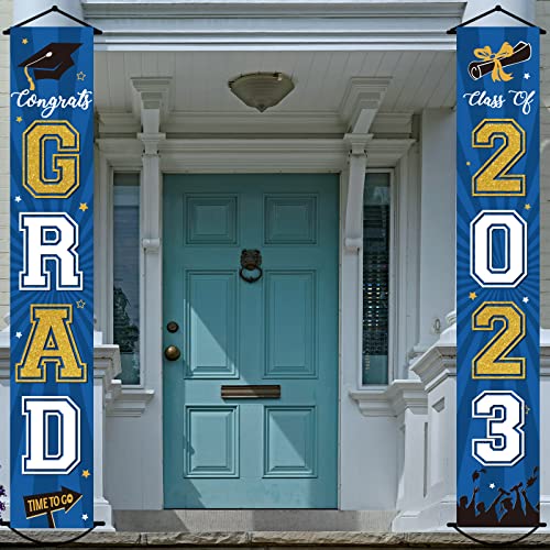 2023 Graduation Banner Class of 2023 Congrats Grad Porch Sign Party Decorations Supplies Welcome Hanging Door Decor for Indoor Outdoor(Blue and Gold)