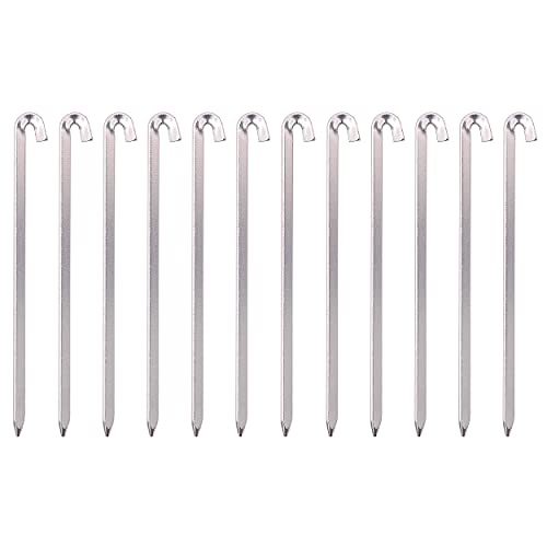 Azarxis Tent Pegs, Aluminium Tent Stakes with Hook – 7″ Rod Stakes Nail Spike Garden Peg for Pitching Camping Tent Canopies (Silver – 12 Pack)