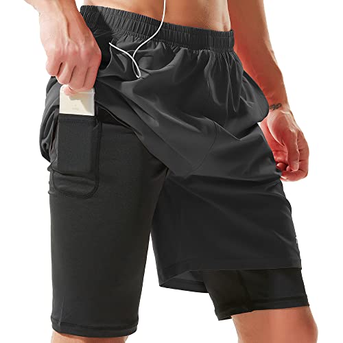 TENJOY Men’s 2 in 1 Running Shorts 7″ Quick Dry Gym Athletic Workout Shorts for Men with Phone Pockets Black