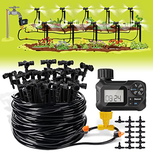 HIRALIY 65.6FT/20M Automatic Drip Irrigation Kits with Garden Timer, 1/4″ Blank Distribution Tubing and 4-outlets Misting Watering Nozzles, Auto Plant Watering System for Patio Lawn, Watering Regularly by Timer