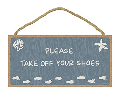 Please Take Off Your Shoes Sign – Small Hanging Wooden Plaque, Coastal Beach House Decor, – 10 x 5 Inches