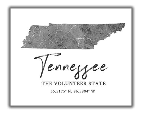 Tennessee State Map Wall Art Print – 8×10 Silhouette Decor Print with Coordinates. Makes a Great Volunteer State-Themed Gift. Shades of Grey, Black & White.