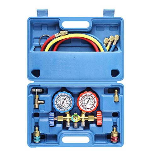 OMT 3 Way AC Diagnostic Manifold Gauge Set for Freon Charging, Fits R134A R12 R22 and R502 Refrigerants, with 3FT Hose, Tank Adapters, Quick Couplers and Can Tap