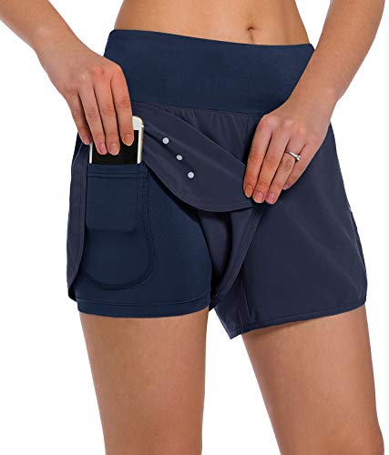 Ksmien Women’s 2 in 1 Running Shorts – Lightweight Athletic Workout Gym Yoga Shorts Liner with Phone Pockets Navy Blue