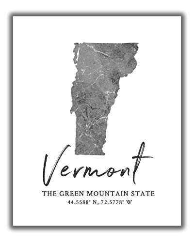 Vermont State Map Wall Art Print – 8×10 Silhouette Decor Print with Coordinates. Makes a Great Green Mountain State-Themed Gift. Shades of Grey, Black & White.