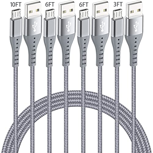 ShSiXin Micro USB Cable (4-Pack, 10/6/6/3FT) USB A Male to Micro USB Charger Cable Long Android Phone Charger Cord for Android Phone Charge,Samsung Galaxy S7 S6 Edge J7 S5,Note 5 4,LG,Kindle(Grey)