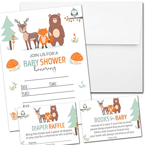 Set of 25 Baby Shower Invitations for Boy or Girl with Envelopes, Diaper Raffle Tickets and Baby Shower Book Request Cards – Gender Neutral Woodland Animals