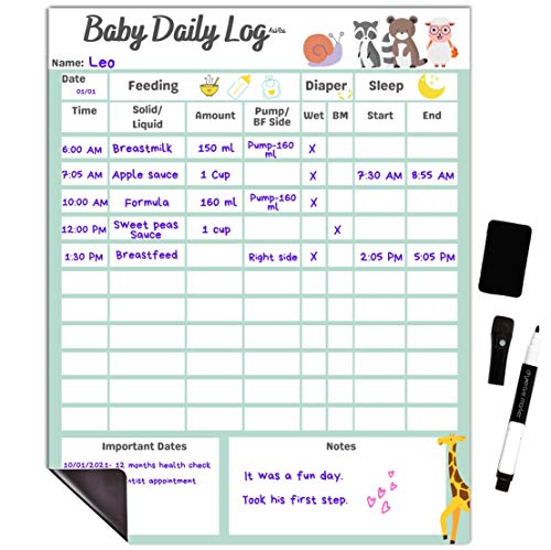 Baby Daily Log Chart Dry Erase Whiteboard for Logging Daily Schedule for Newborns and Toddlers, Log Feeding, Diaper Change, Naps and Daily Activities, Board for Refrigerator, with Pen and Eraser