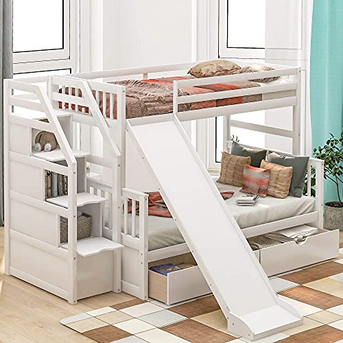 Harper & Bright Designs Twin Over Full Bunk Bed with Stairs and Slide , Multifunction Wood Bunk Bed with Storage, White
