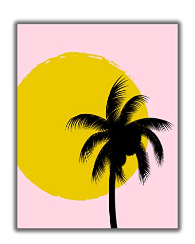 Palm Tree & Sun Silhouette Wall Art Print. 11×14 UNFRAMED Abstract, Nature, Minimalist, Nordic Decor. Black, Yellow on Pink Background.