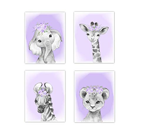 Baby Girl Nursery Wall Art Purple Floral Crown Safari Animals Elephant Giraffe Lion Zebra Decor 4 UNFRAMED PRINTS