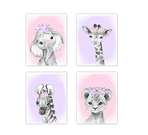 Baby Girl Nursery Wall Art Pink Purple Floral Crown Safari Animals Elephant Giraffe Lion Zebra Decor 4 UNFRAMED PRINTS
