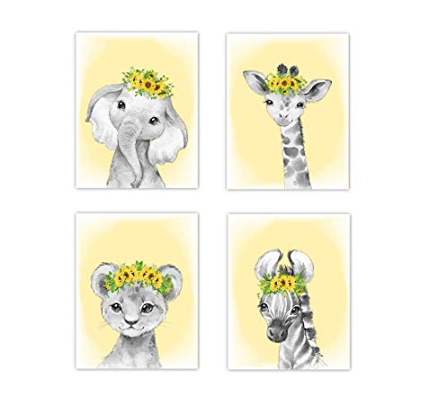 Baby Girl Nursery Wall Art Sunflowers Floral Crown Safari Animals Elephant Giraffe Lion Zebra Room Decor 4 UNFRAMED PRINTS