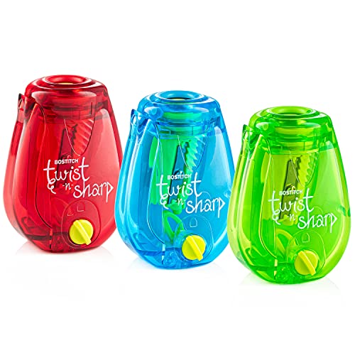 Bostitch Office Pencil Sharpener Twist-N-Sharp Colored Manual Small Pencil Sharpeners Hand Held, 3 Pack, Covered, Lime Green, Blue and Red Color Portable Handheld Sharpeners with Cover, PS1-ADJ-X3