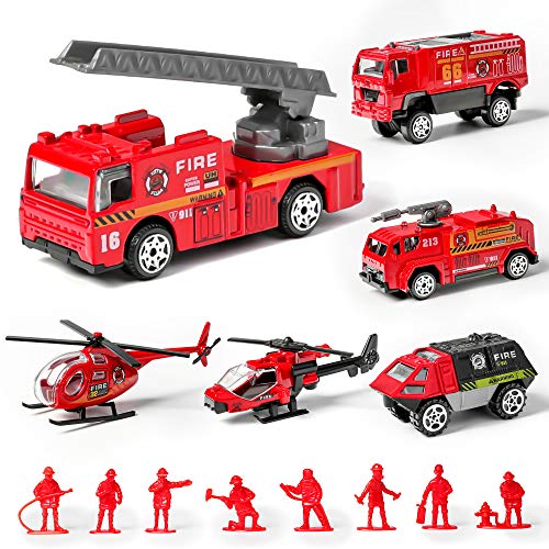 14 Pack Die-cast Fire Truck Vehicles Sets,6 Pack Alloy Metal Fire Engine Models Car Toys and 8 Pack Firefighter, Mini Rescue Emergency Playset for Kids Boys Girls Birthday Christmas Party Favors