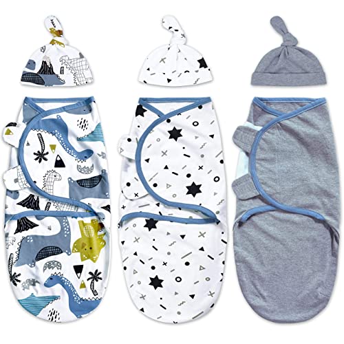 Boys Swaddle Set, Large, 3pcs Wrap Blankets with 3pcs Baby Cotton Caps,3-6 Months (Doodle Dinosaur)