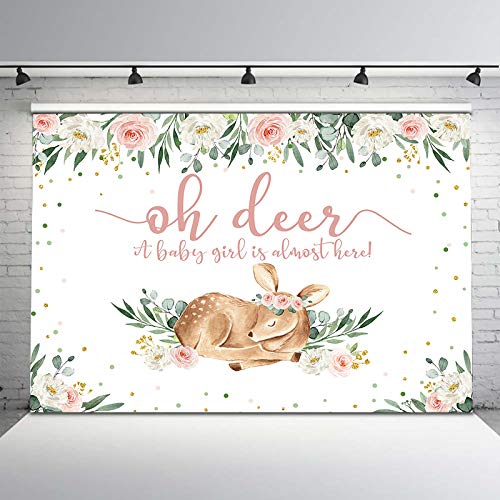 Avezano Woodland Baby Shower Backdrop Pink Floral Girl Deer Baby Shower Photo Background Greenery Fawn Oh Deer Baby Shower Backdrops (8×6)